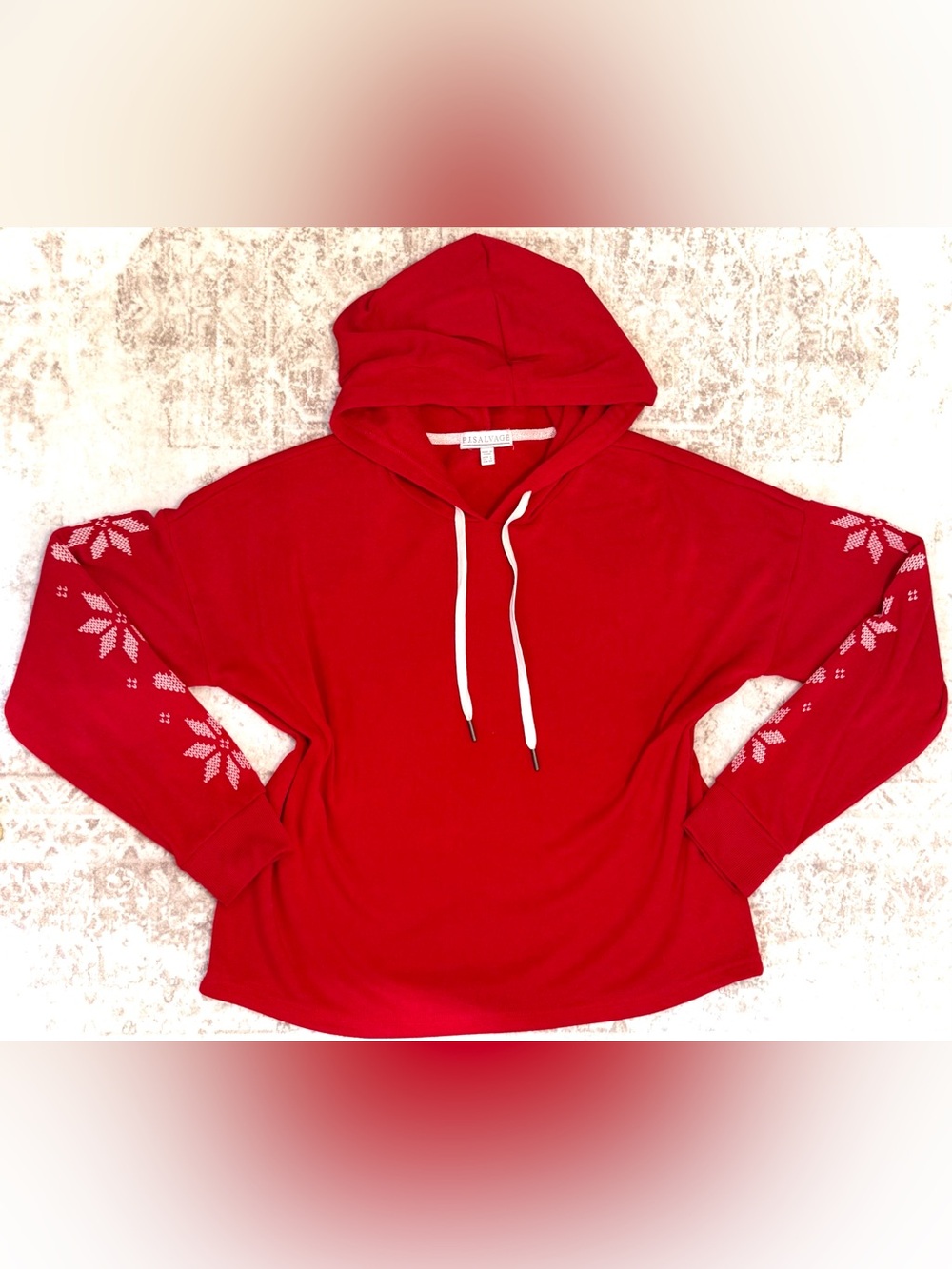 PJ SALVAGE || Drawstring Fair-isle Hoodie in Red Snowflake Print - SZ Large
